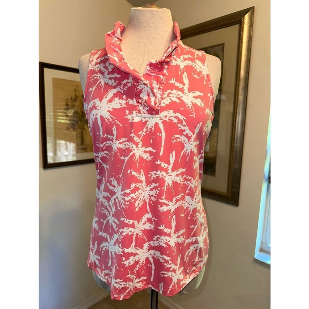 Anthony’s Top Resort Wear Sleeveless Pink Palm Tree Polo Size Small